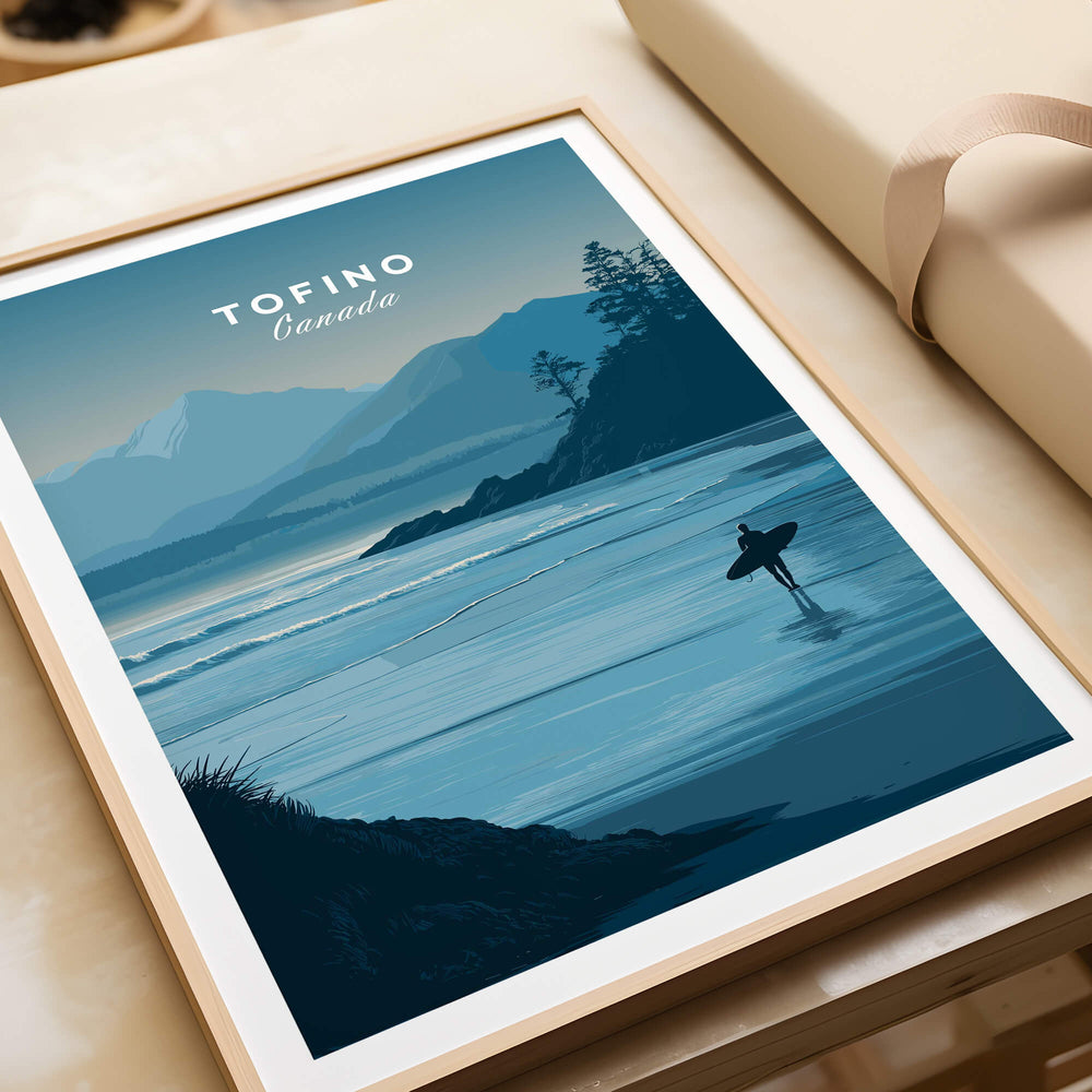 Tofino Canada Travel Poster | Pacific Coast Surfer Wall Art Print featuring a serene surfer at the beach.