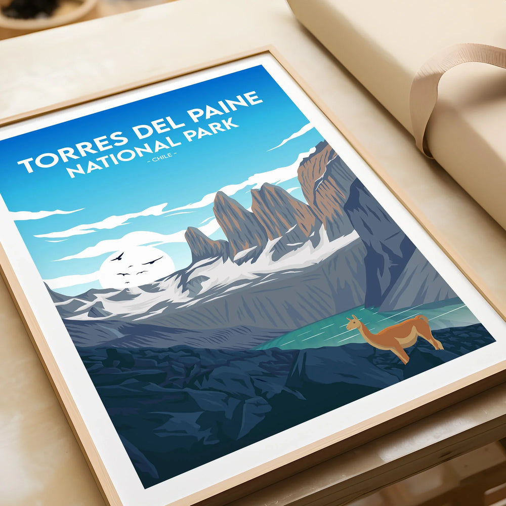 Framed Torres del Paine National Park art print with mountain landscape and guanaco