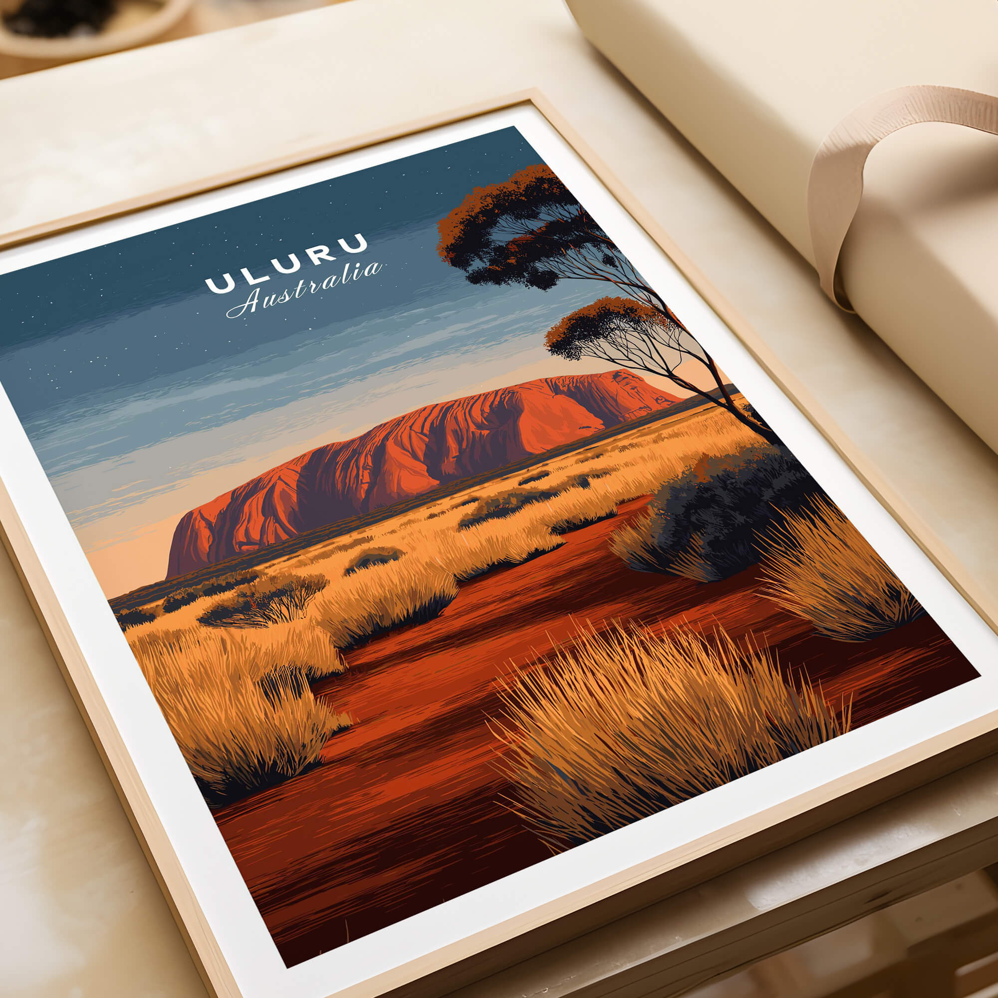 Uluru Australia Wall Art Print | Red Center Outback Travel Poster featuring the iconic Uluru monolith and desert landscape.