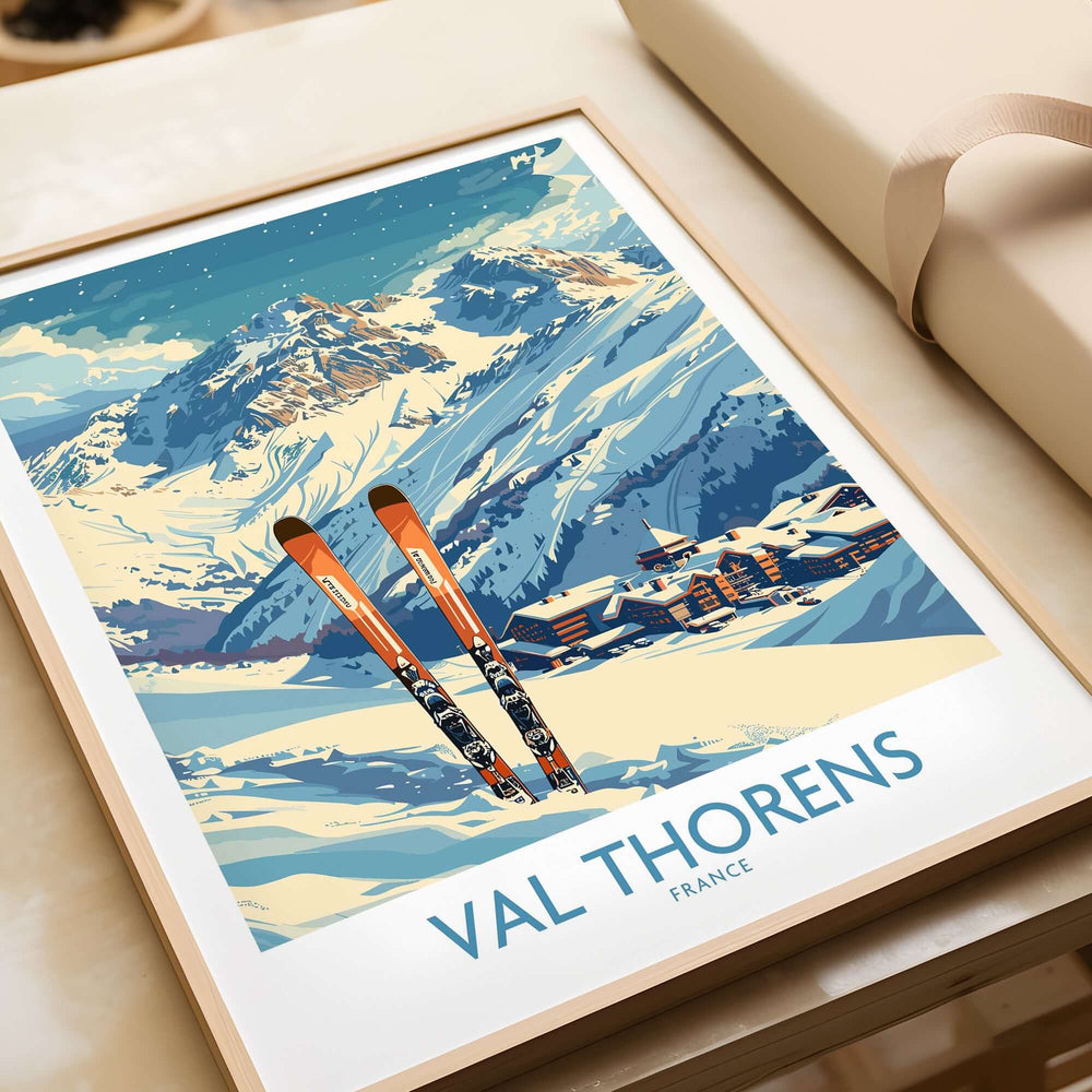 Val Thorens Print showcasing stunning snow-capped mountains and ski equipment, perfect for ski enthusiasts and home decor.