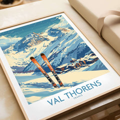 Val Thorens Print showcasing stunning snow-capped mountains and ski equipment, perfect for ski enthusiasts and home decor.