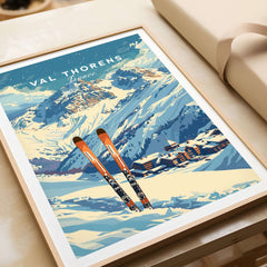 Val Thorens Travel Poster featuring skis and stunning mountain scenery in the French Alps.