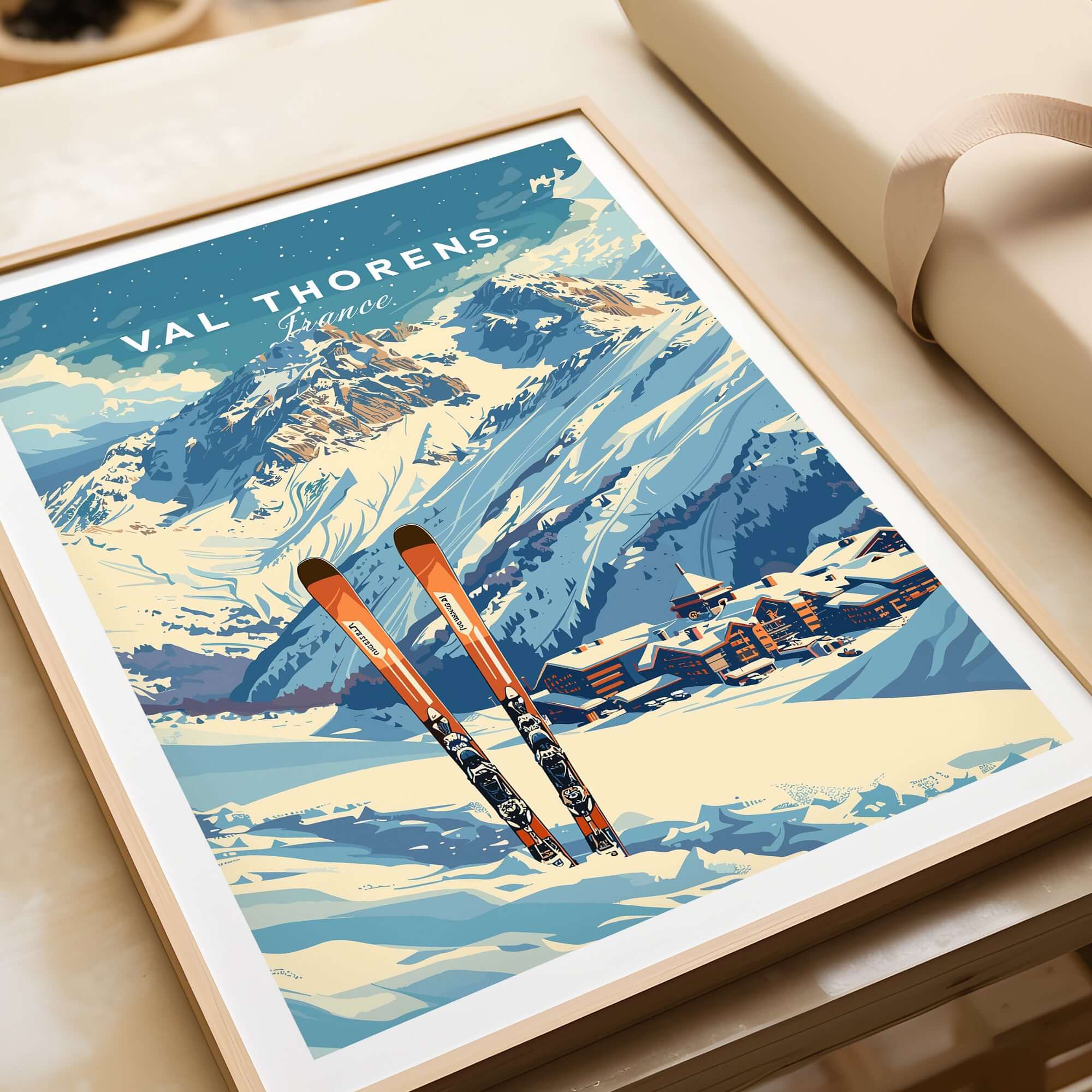 Val Thorens Travel Poster featuring skis and stunning mountain scenery in the French Alps.