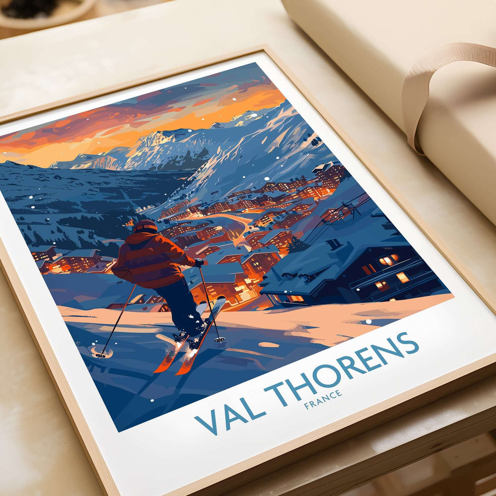 Val Thorens Ski Print showcasing a skier overlooking the snowy slopes of Val Thorens, France, in stunning colors.