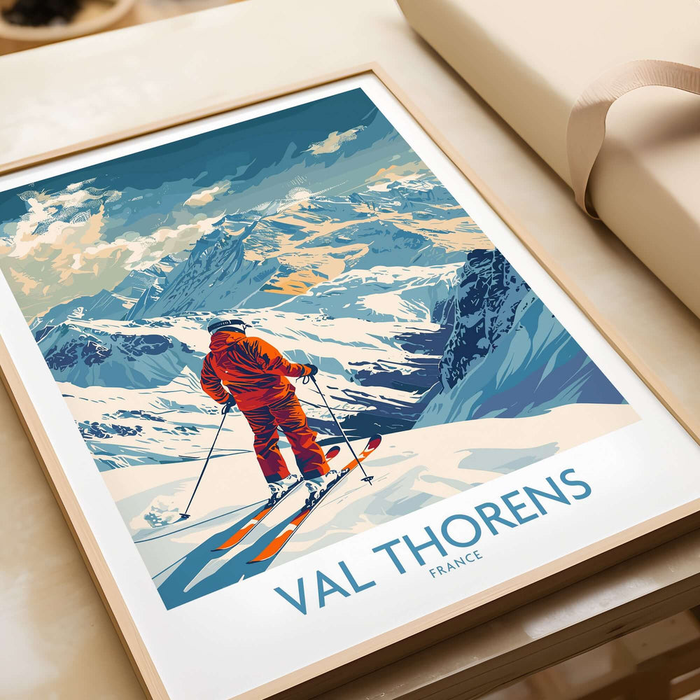 Val Thorens Skiing Poster showcasing a skier on a snowy slope in France, capturing the thrill of skiing in Val Thorens.