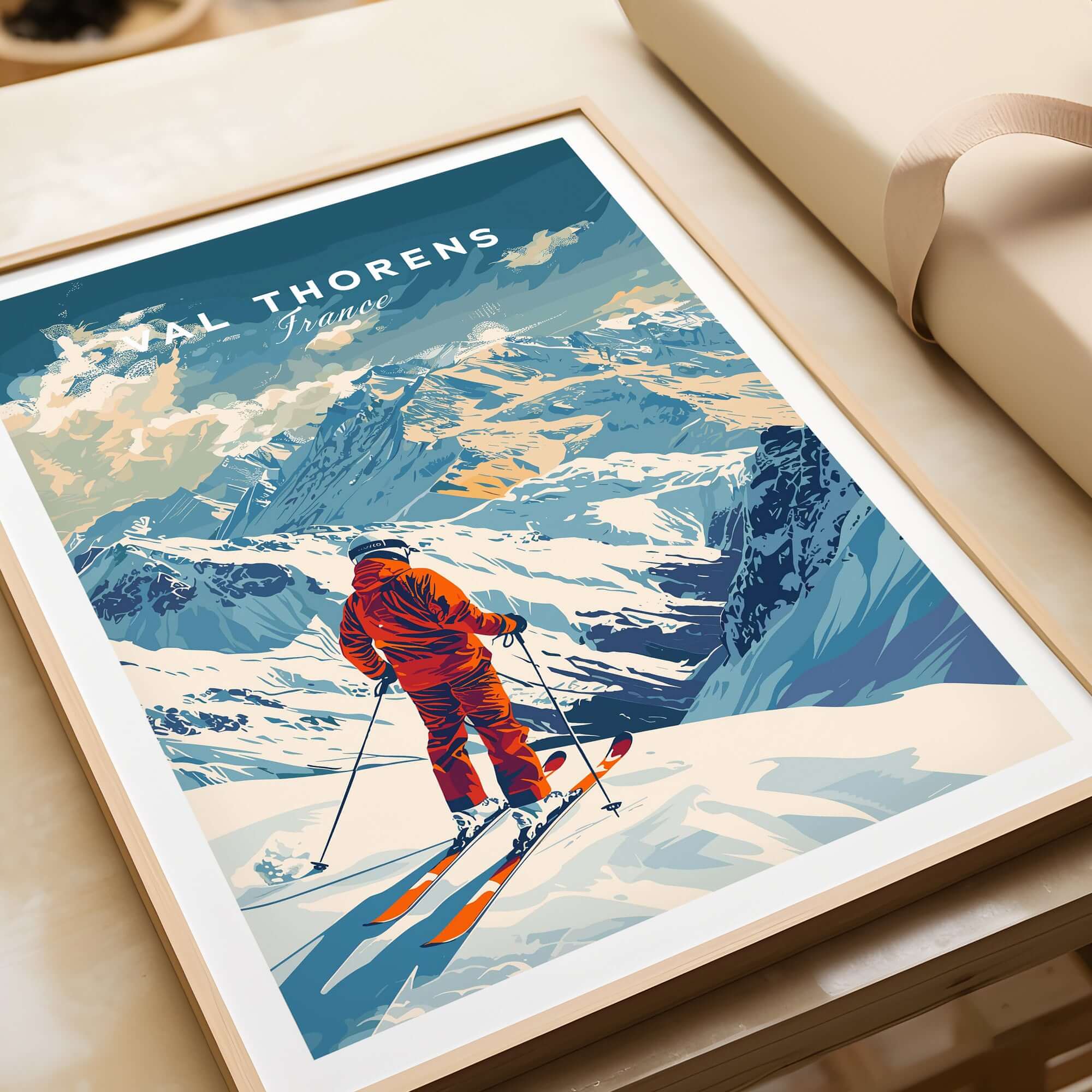 Val Thorens Poster showcasing a skier in the Alps, highlighting the thrill of skiing and mountain majesty.