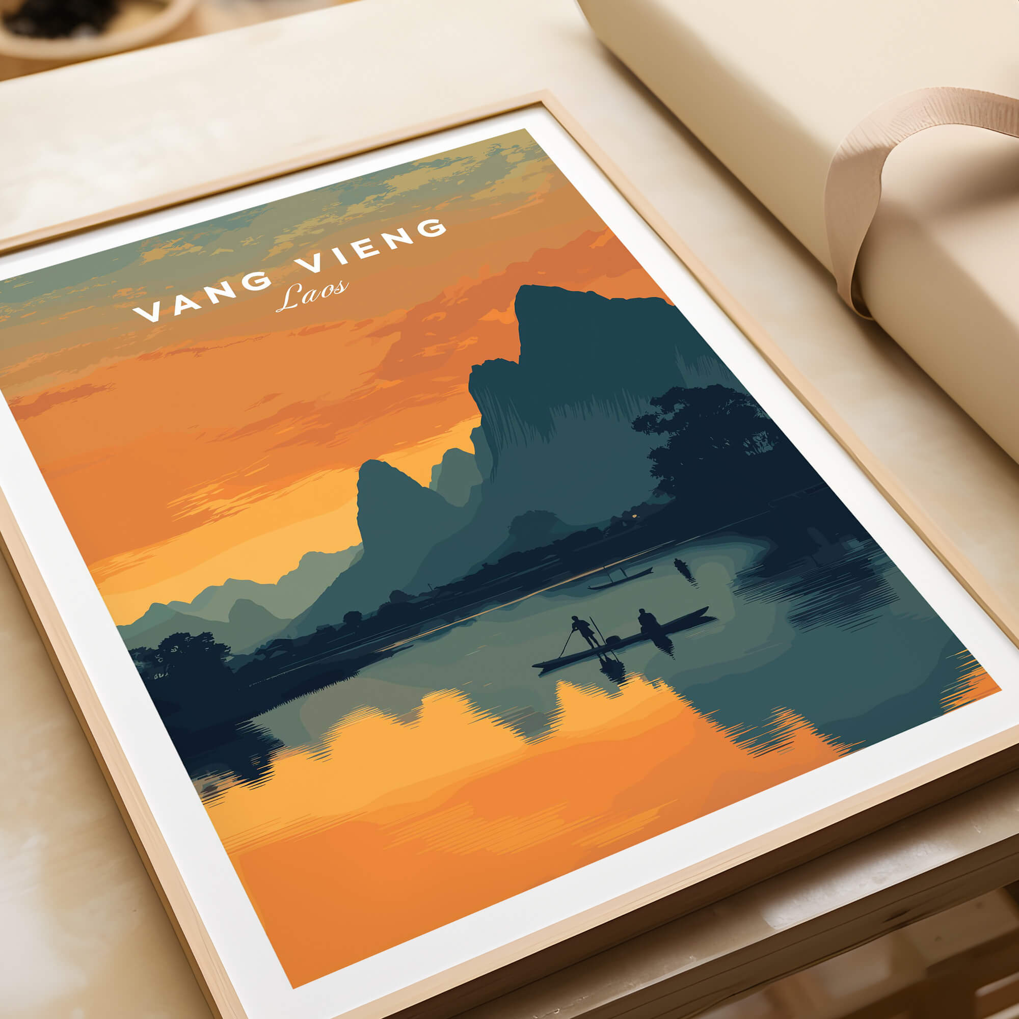 Vang Vieng Laos Travel Poster | Nam Song River Sunset Wall Art Print featuring a stunning sunset over limestone cliffs.