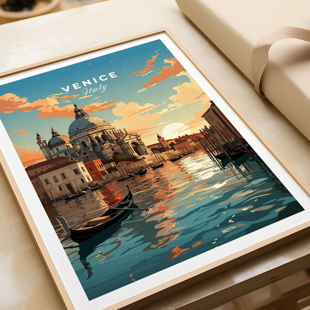 Venice Print featuring serene canals, a sunset over Venice, and a traditional gondola in a beautiful frame.