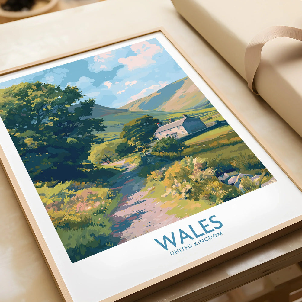 Framed Wales art print with countryside landscape, unwrapped for wall decor gift