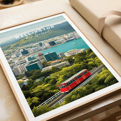 Wellington New Zealand Wall Art Print | Travel Poster featuring a scenic view of the city with a red tram.