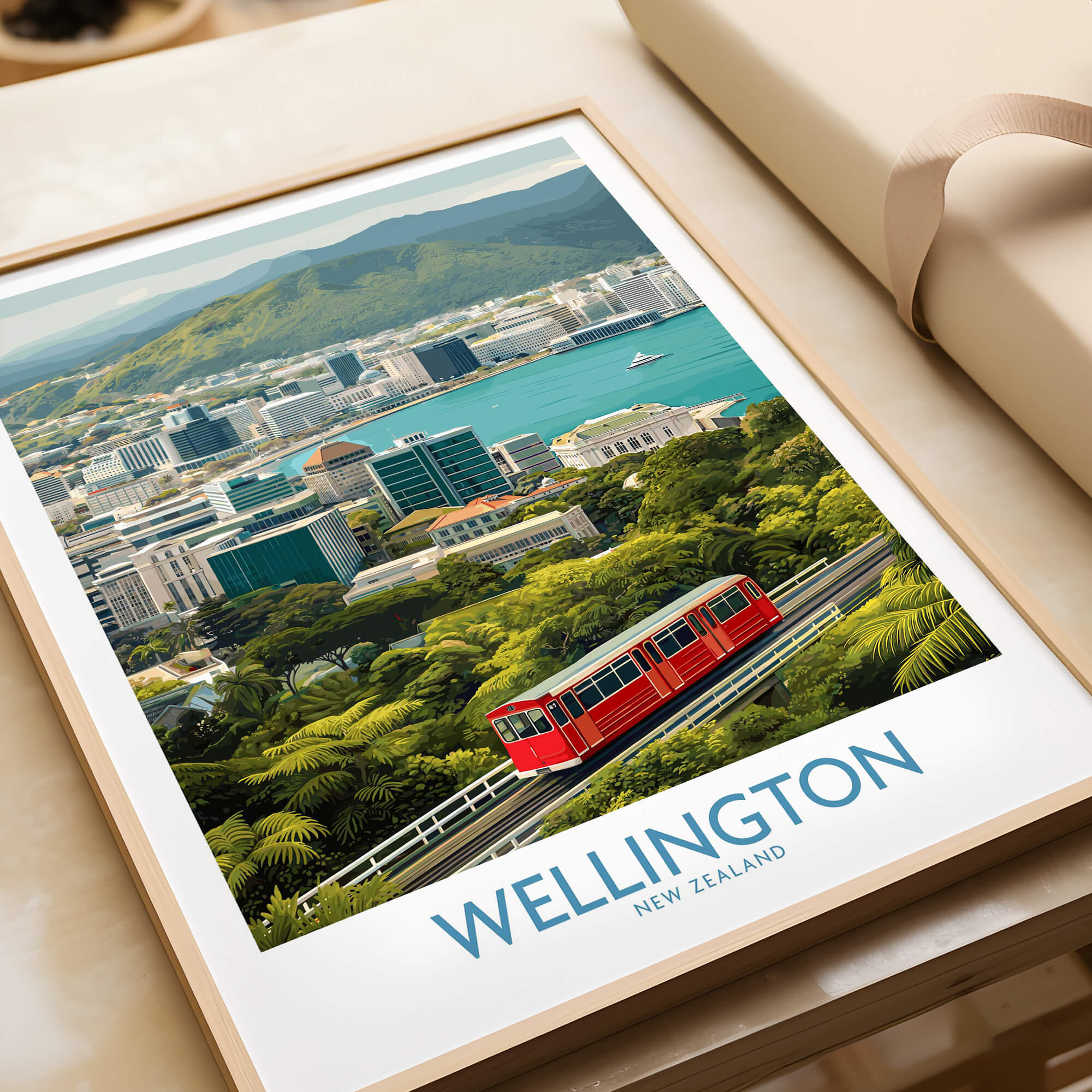 Wellington New Zealand Poster | Scenic City Skyline Landscape Canvas Print featuring cable car and cityscape.