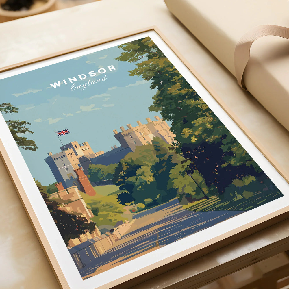 Windsor England framed art print unwrapped, castle and trees in travel poster style
