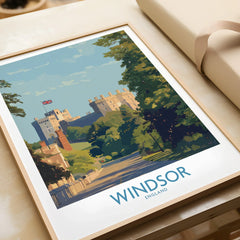 Framed Windsor England travel poster art print closeup, unwrapped as a gift, natural wood frame.
