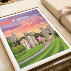 Framed Windsor England travel poster art print with castle and sunset landscape, unwrapped.