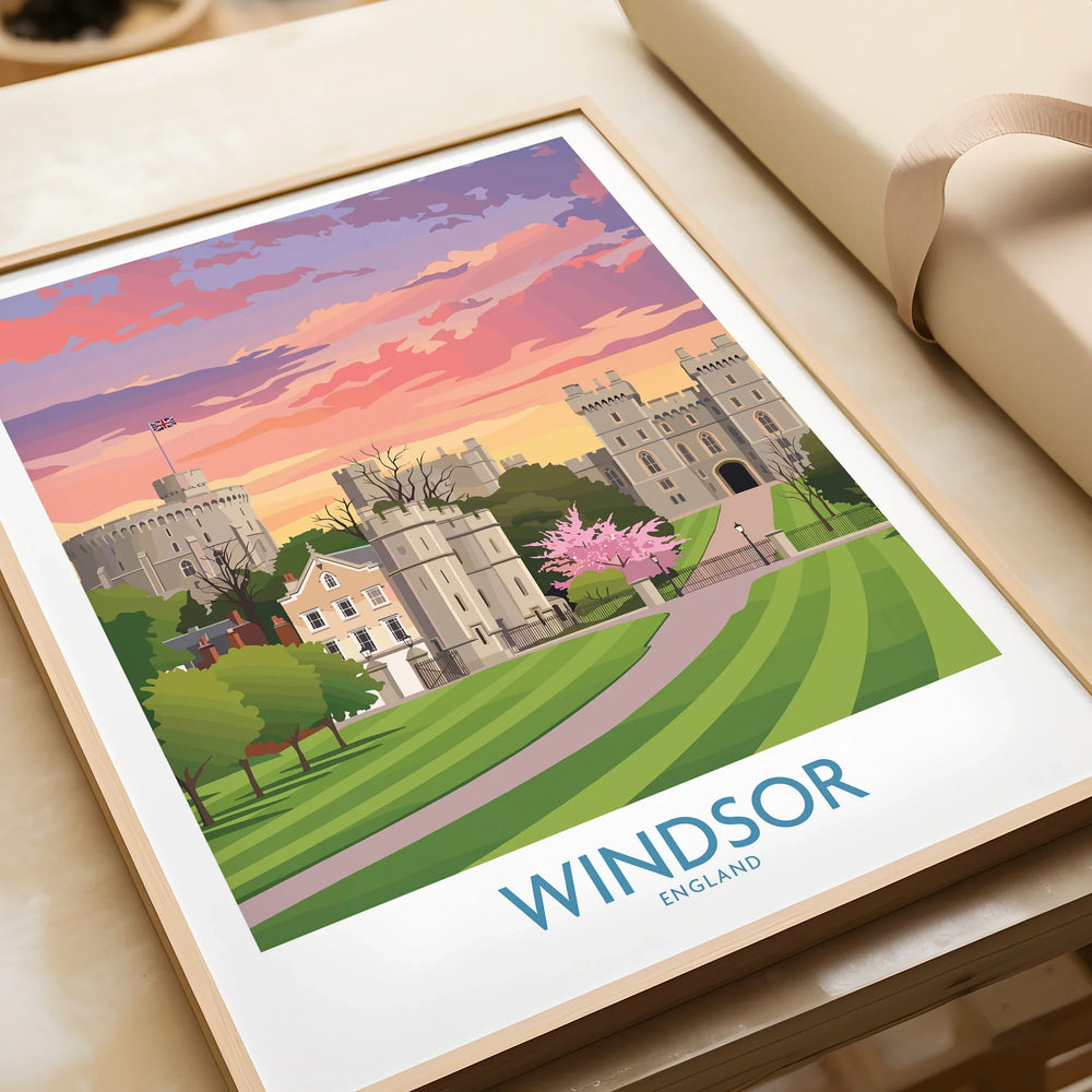 Windsor England art print in natural wood frame, featuring castle and sunset landscape.