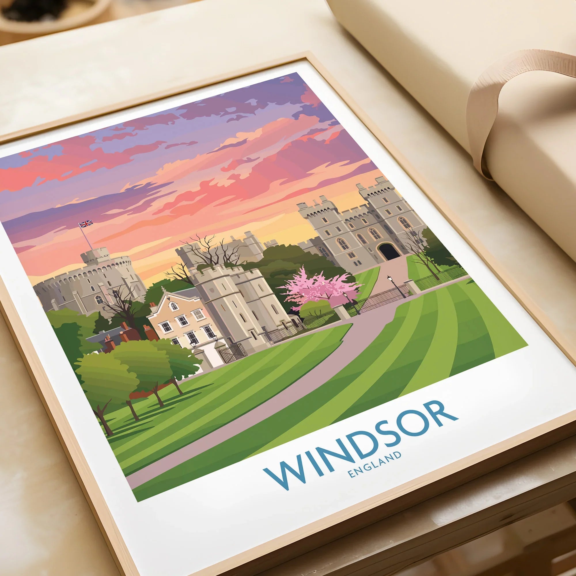 Windsor England art print in natural wood frame, featuring castle and sunset landscape.