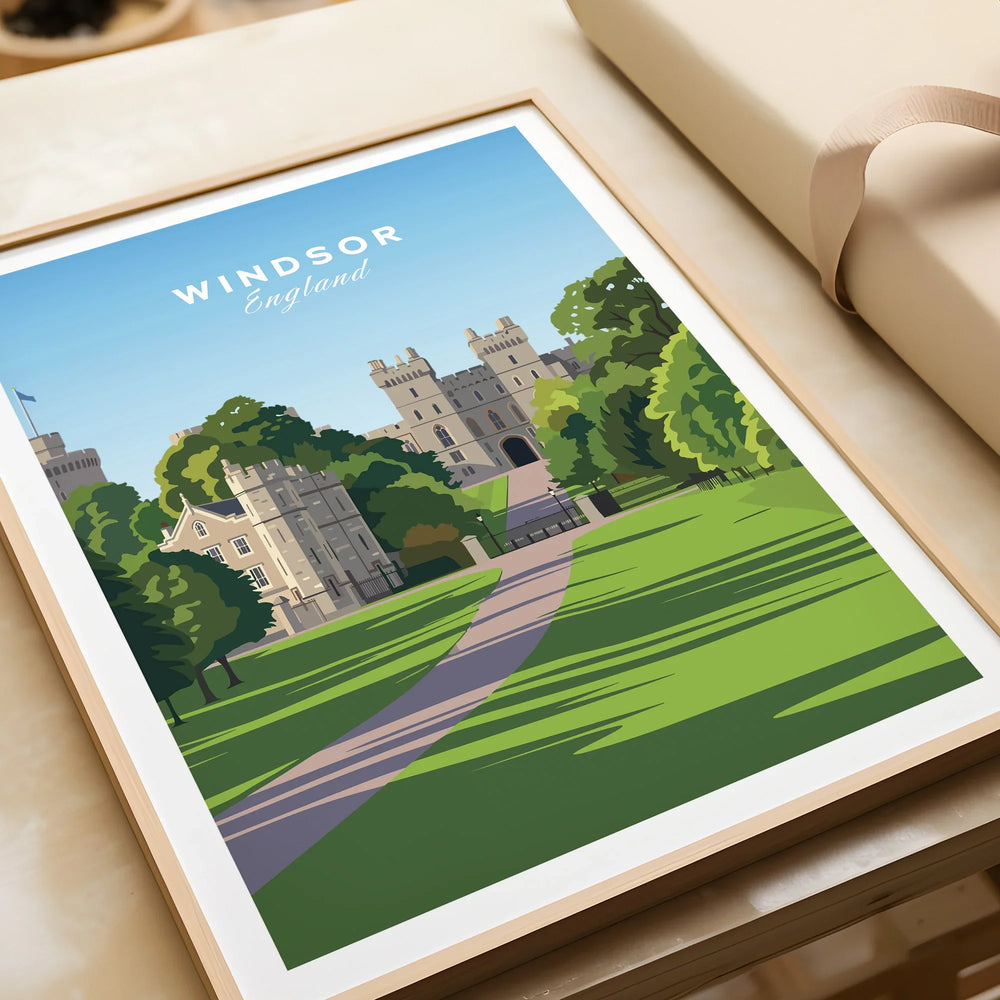 Framed Windsor England travel poster art print with castle and green landscape, unwrapped as a gift