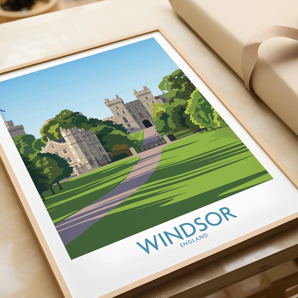 Framed art print of Windsor Castle with lush green lawn, labeled 'Windsor England'.