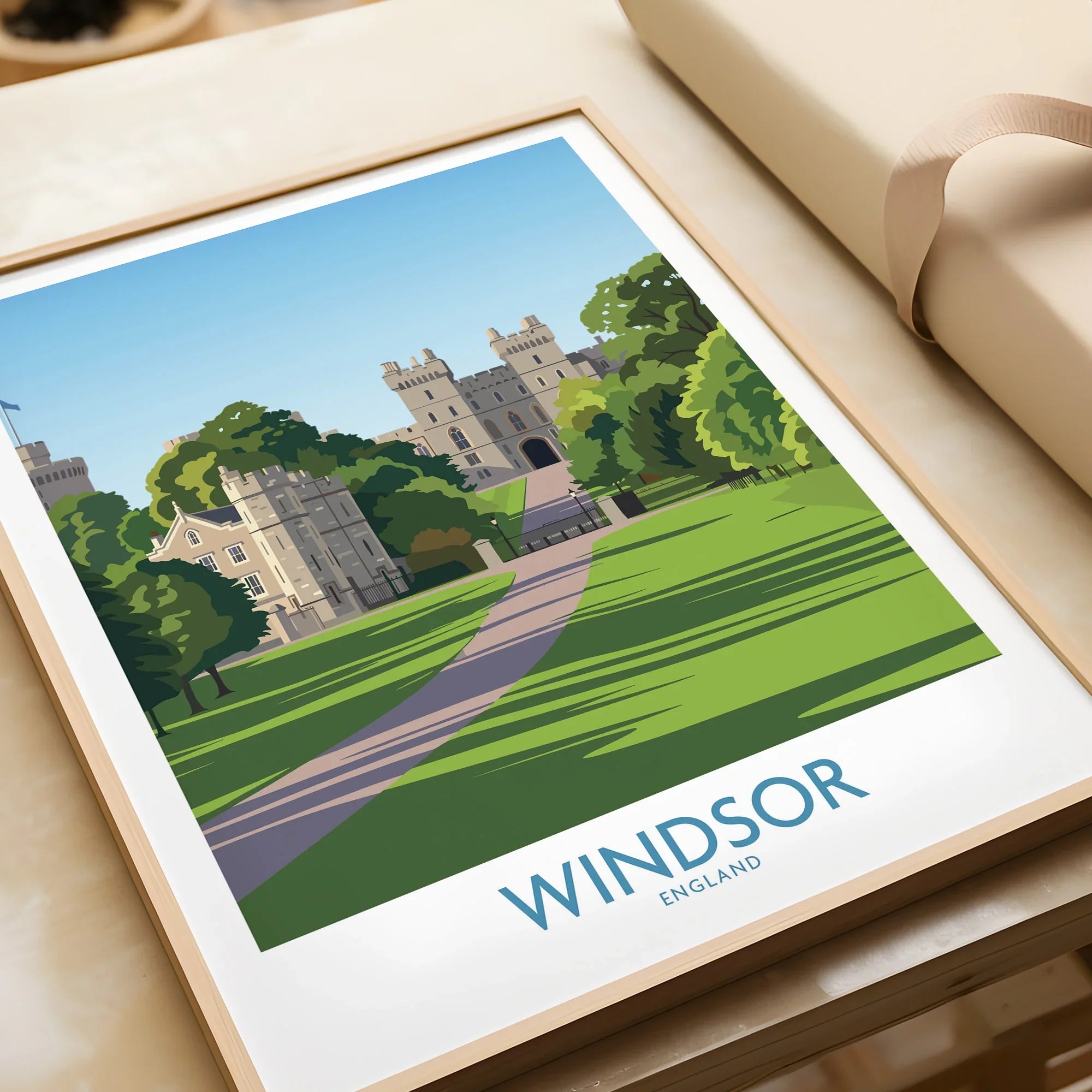 Framed art print of Windsor Castle with lush green lawn, labeled 'Windsor England'.