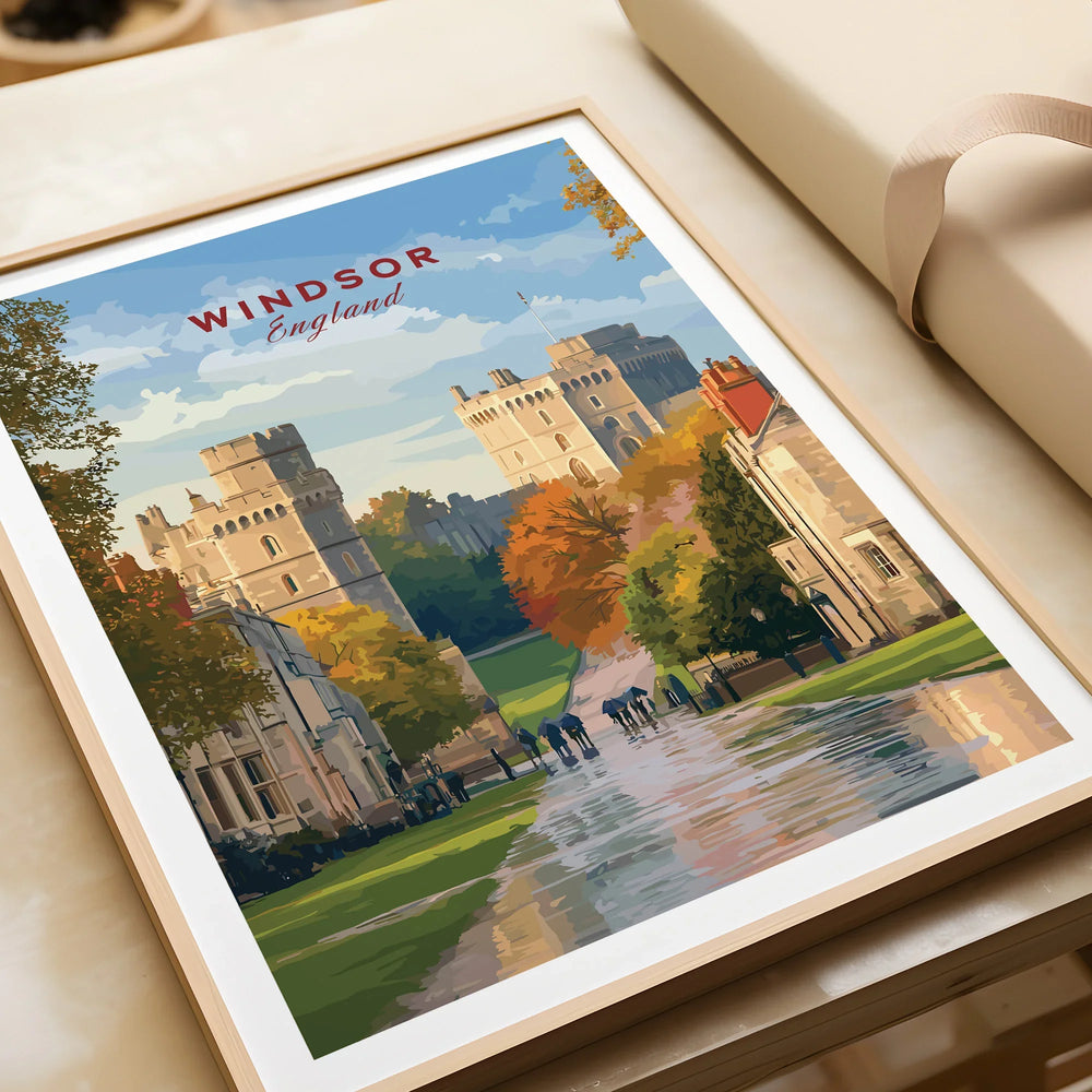 Windsor England travel poster framed art print with castle and autumn trees, close up view