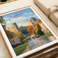 Windsor England travel poster framed art print with castle and autumn trees, close up view