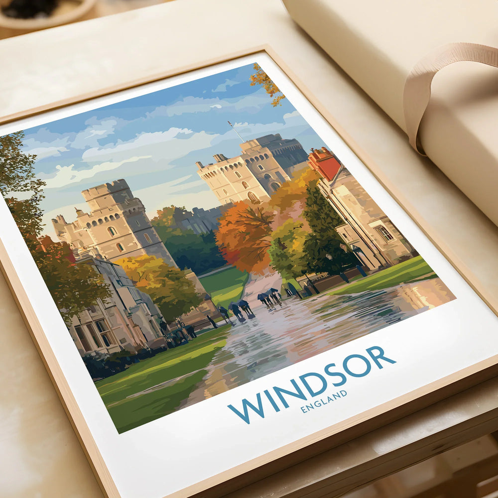 Framed Windsor England travel art print, castle and autumn trees, unwrapped gift on table