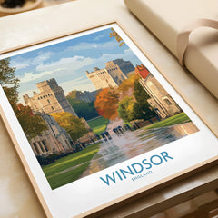 Framed Windsor England travel art print, castle and autumn trees, unwrapped gift on table