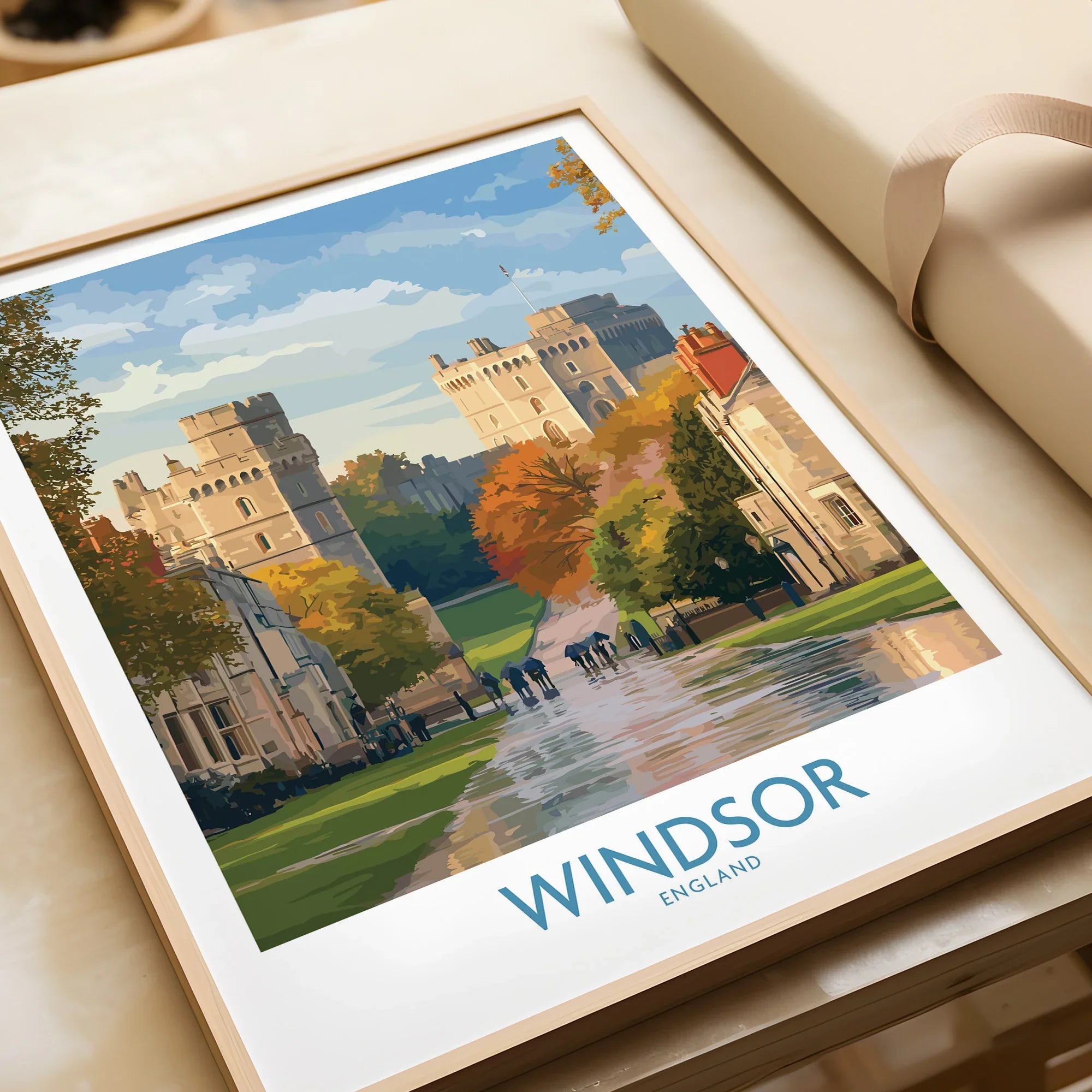 Framed Windsor England travel art print, castle and autumn trees, unwrapped gift on table