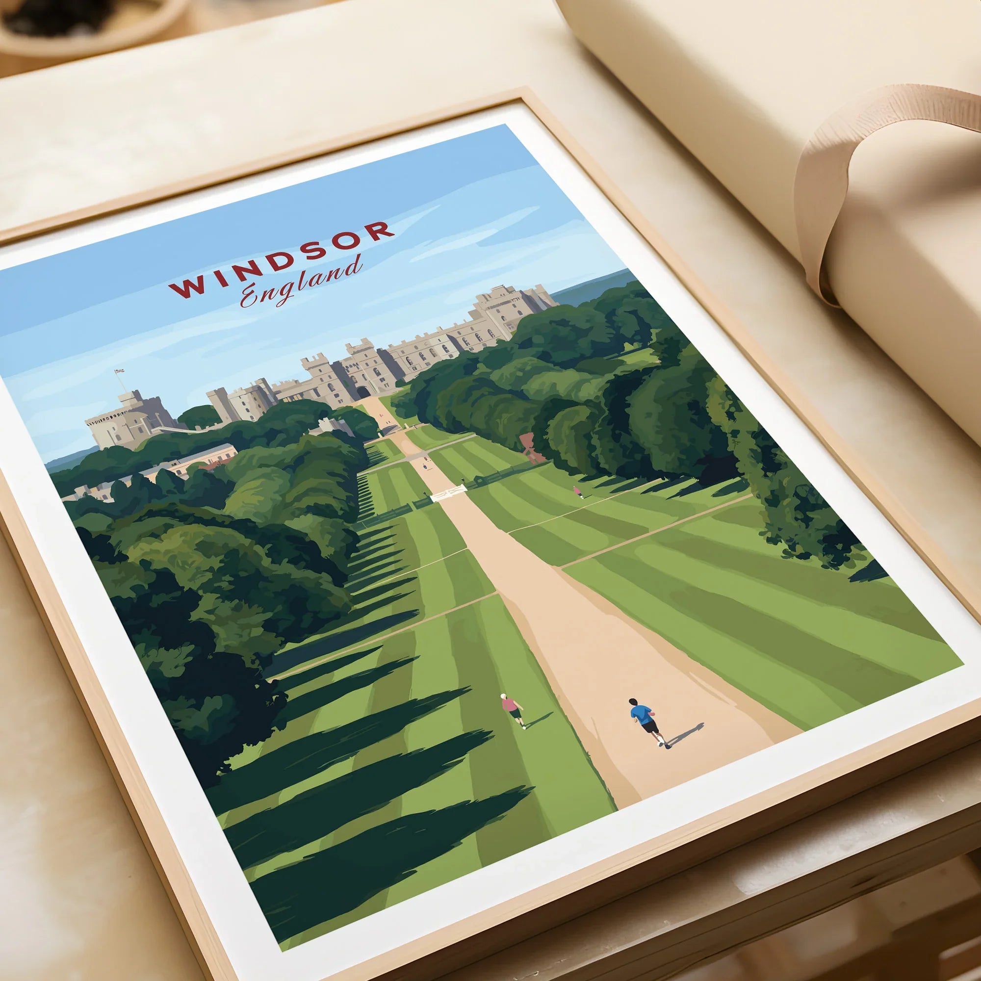 Framed Windsor England travel poster print with castle and tree-lined path, unwrapped gift