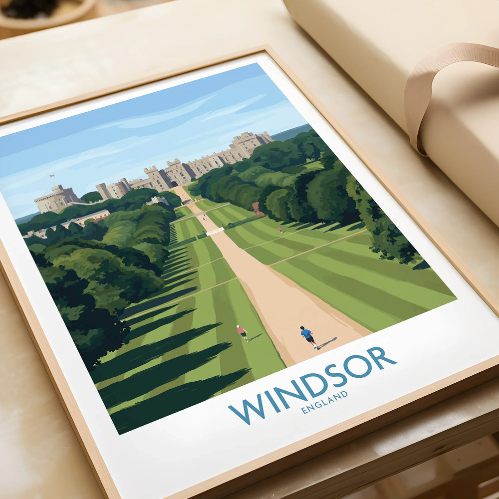 Framed Windsor England travel poster print with castle and tree-lined path, unwrapped as gift