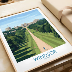 Framed Windsor England travel poster print with castle and tree-lined path, unwrapped as gift