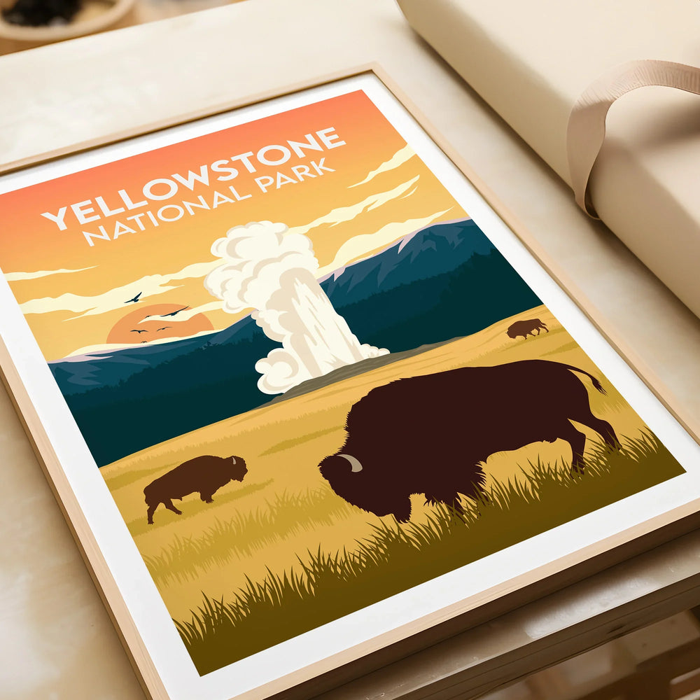 Yellowstone National Park art print with bison, geyser, mountains, and sunset in natural frame