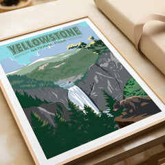 Yellowstone National Park framed art print with waterfall, bear, and forest landscape.
