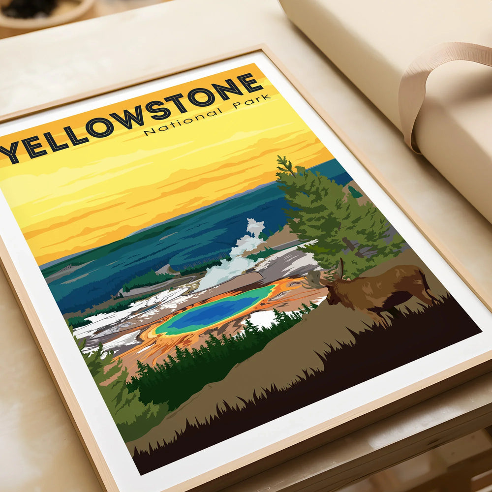 Yellowstone National Park art print with colorful geyser, elk, and sunrise in natural wood frame