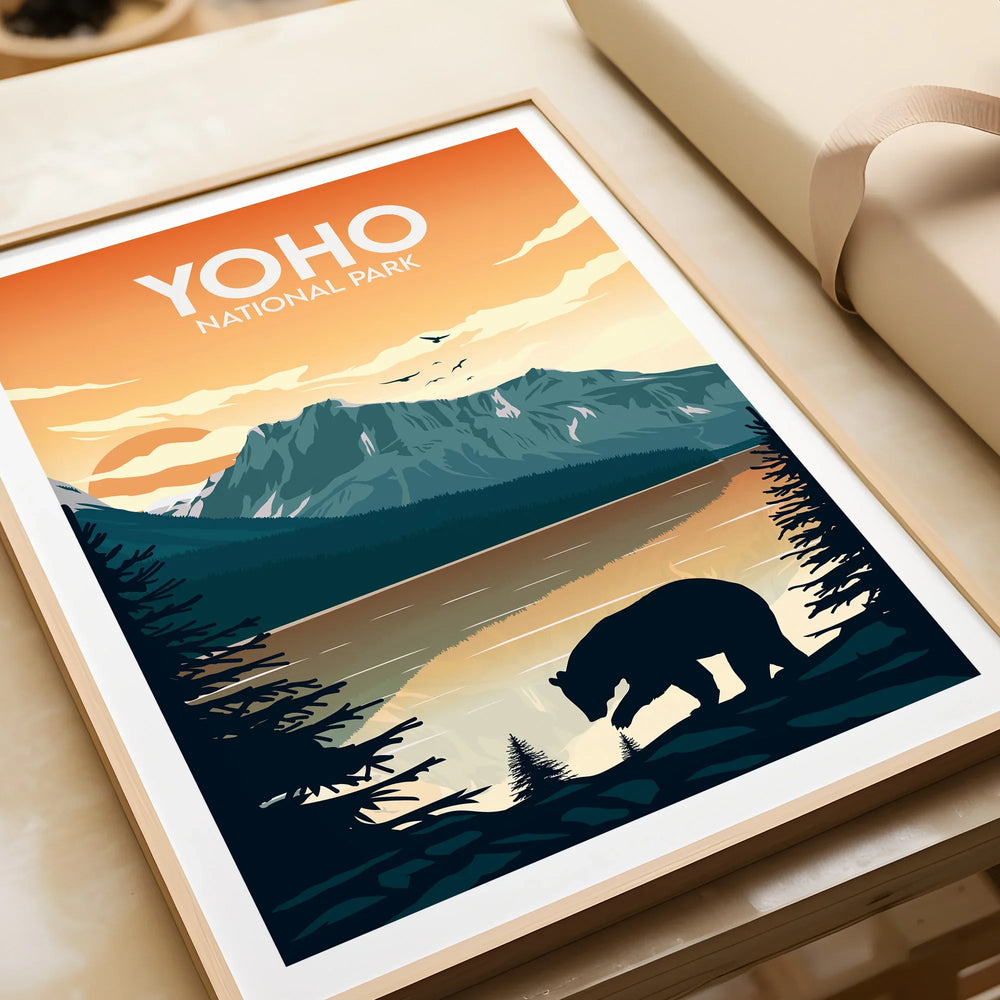 Framed Yoho National Park art print with bear, mountain and lake, unwrapped gift