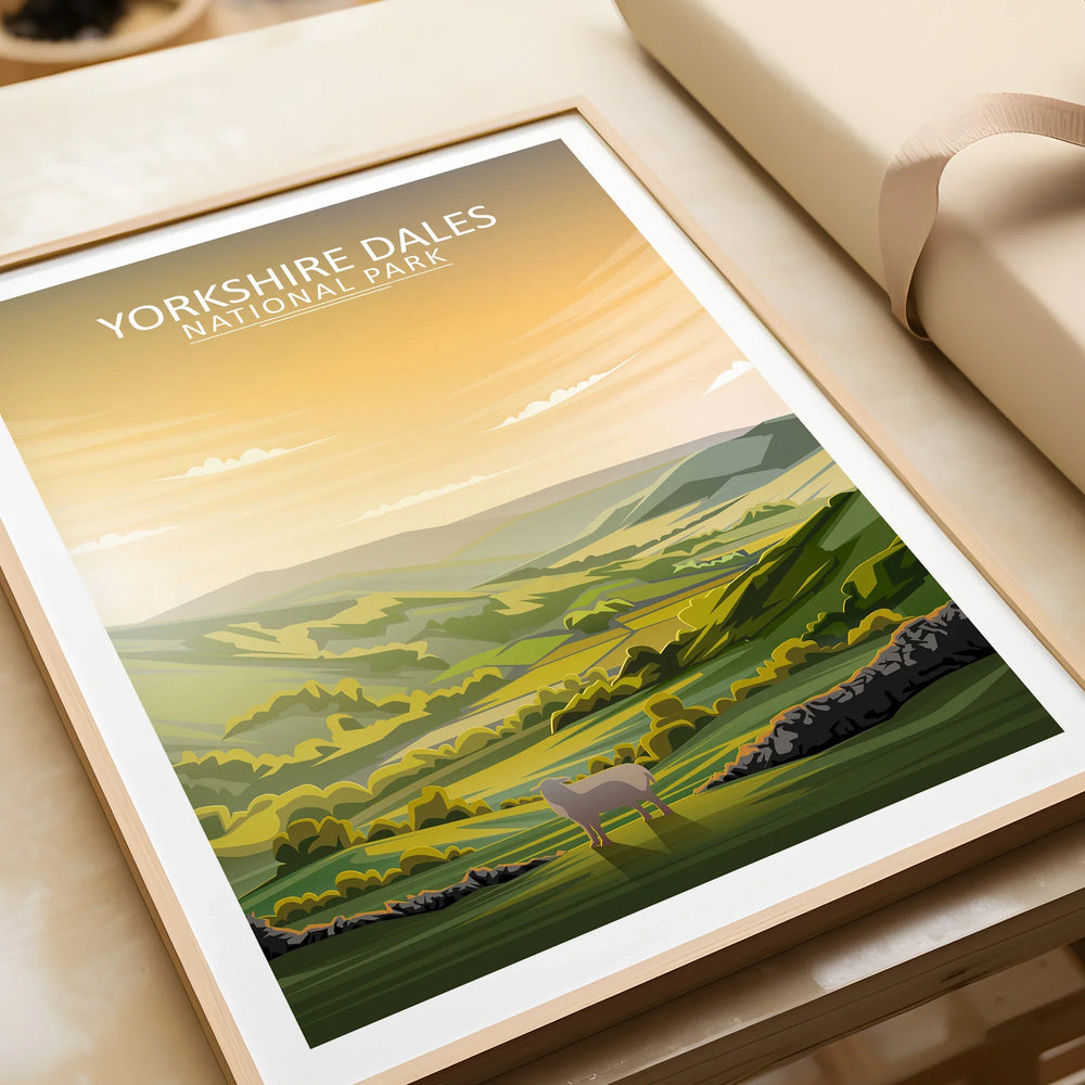 Yorkshire Dales National Park art print in natural wood frame, landscape illustration, home decor