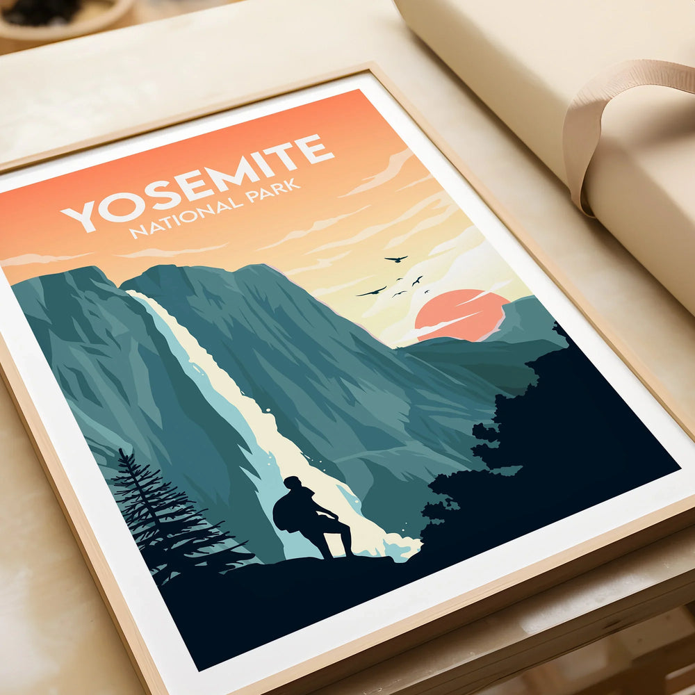 Framed Yosemite National Park art print with mountain, waterfall, and hiker silhouette