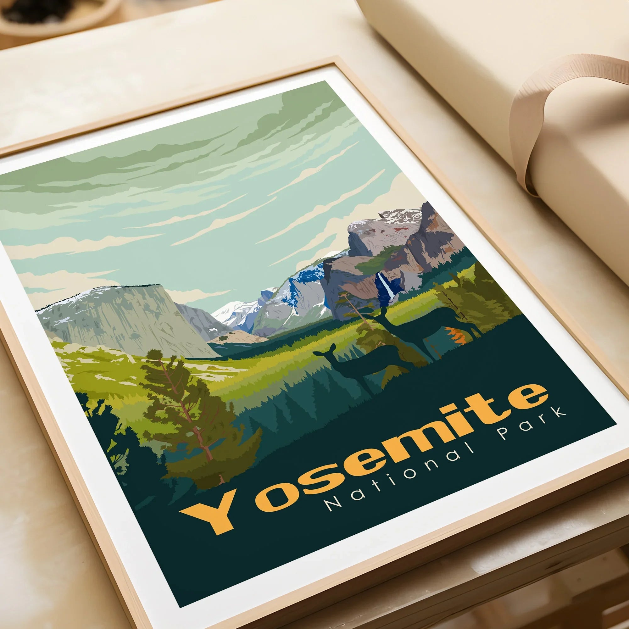 Framed Yosemite National Park art print featuring mountains and forest landscape, closeup view