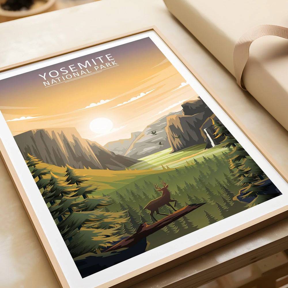 Framed Yosemite National Park art print with mountains, forest, deer, and sunrise scene
