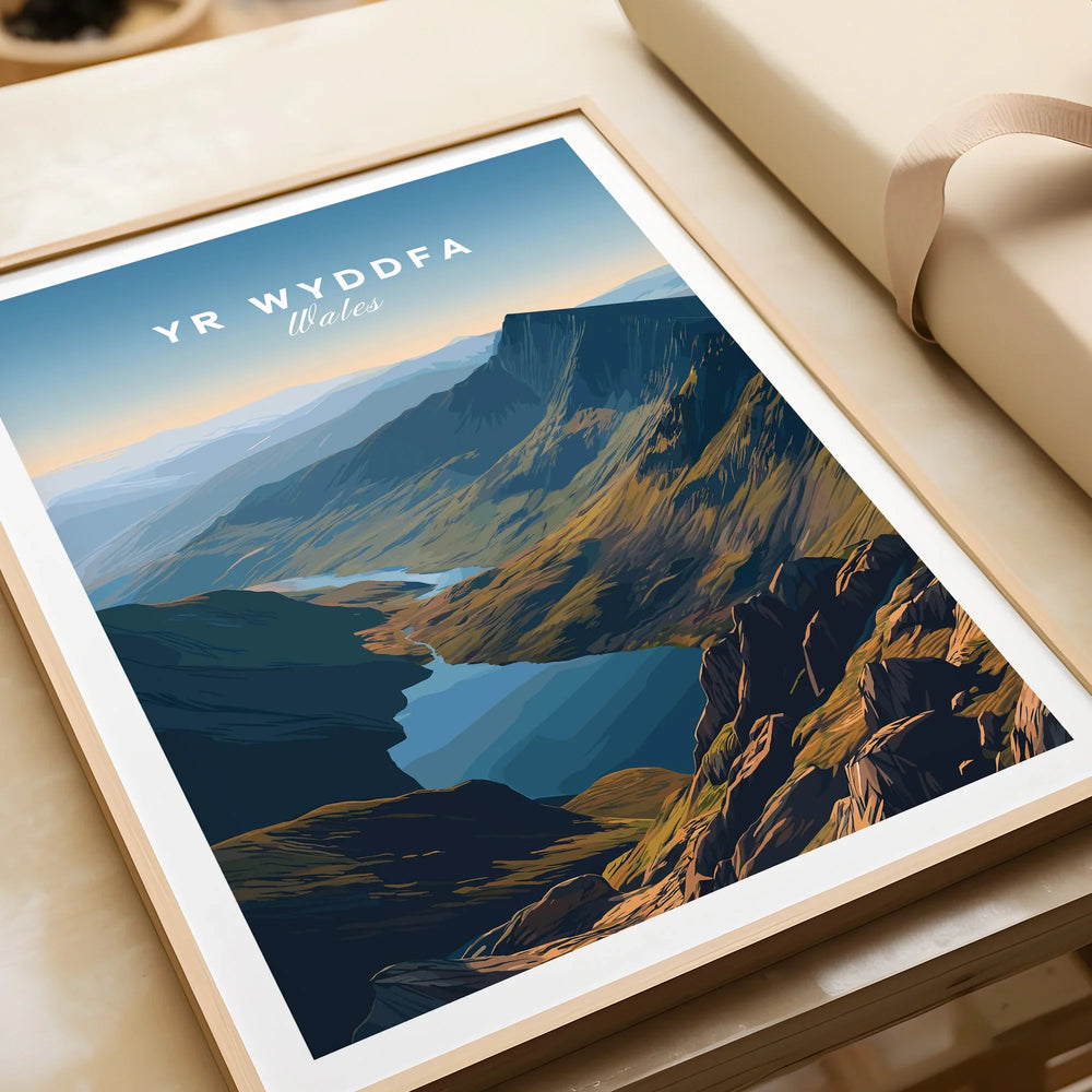 Framed Yr Wyddfa Wales travel art print with mountain landscape, unwrapped as a gift