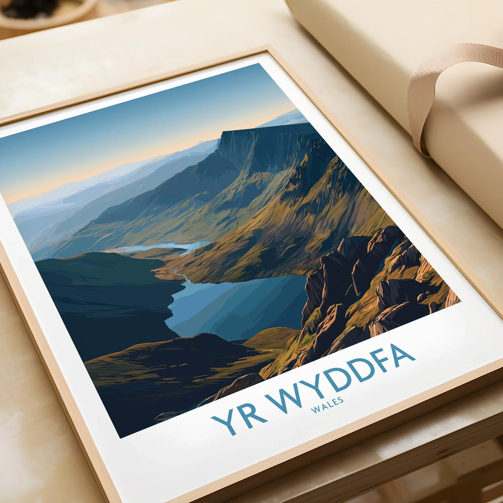 Framed Yr Wyddfa Wales art print featuring a colorful mountain landscape illustration.