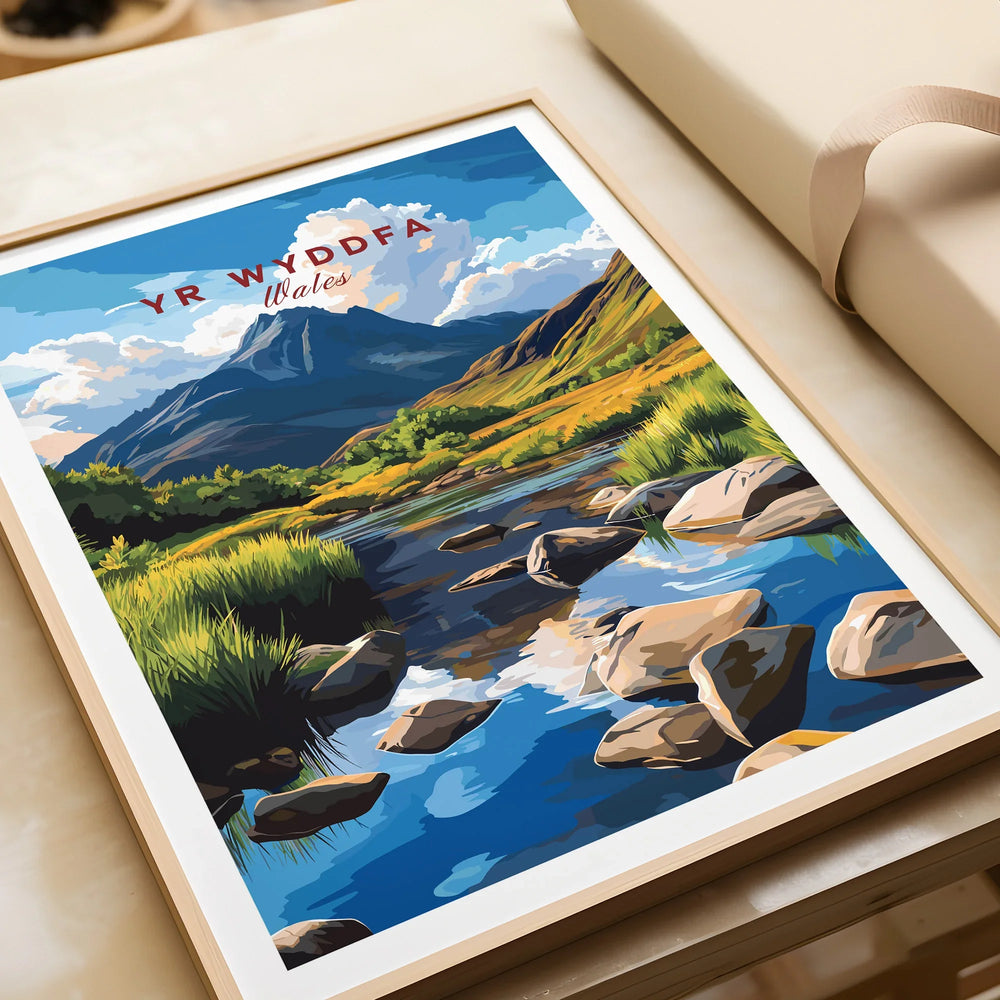 Framed Yr Wyddfa Wales mountain art print with river landscape, unwrapped as a gift