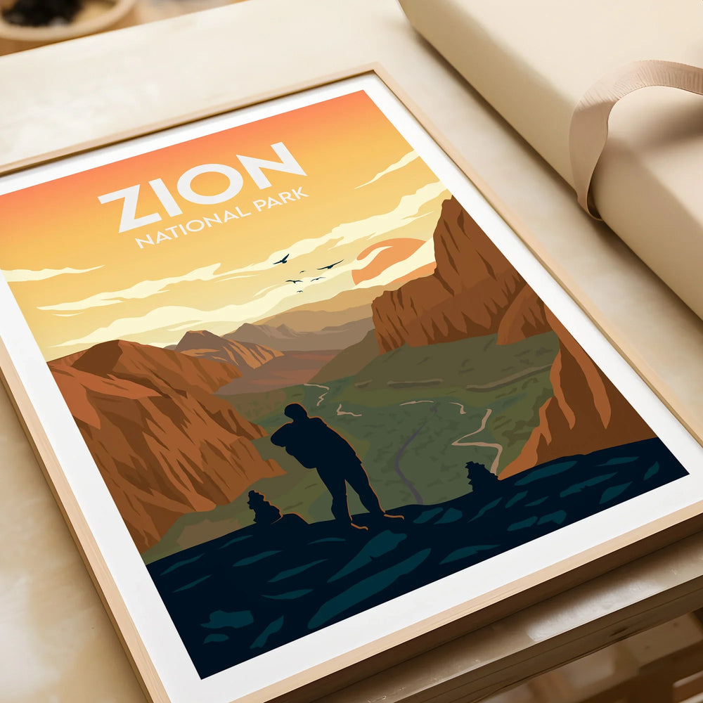 Zion National Park framed art print with hiker at sunset, vibrant landscape wall decor
