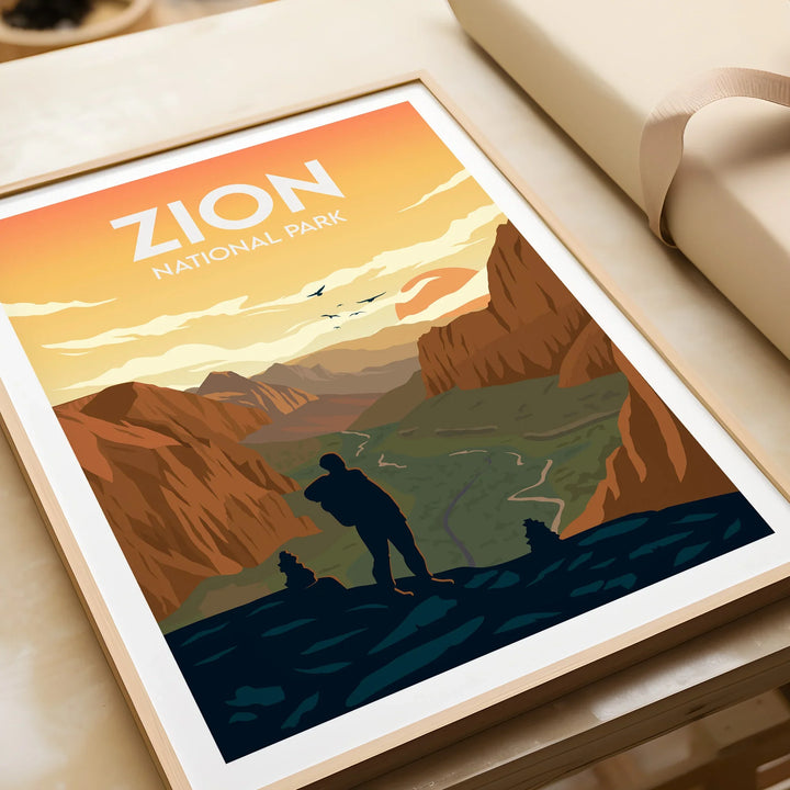 Zion National Park framed art print with hiker at sunset, vibrant landscape wall decor