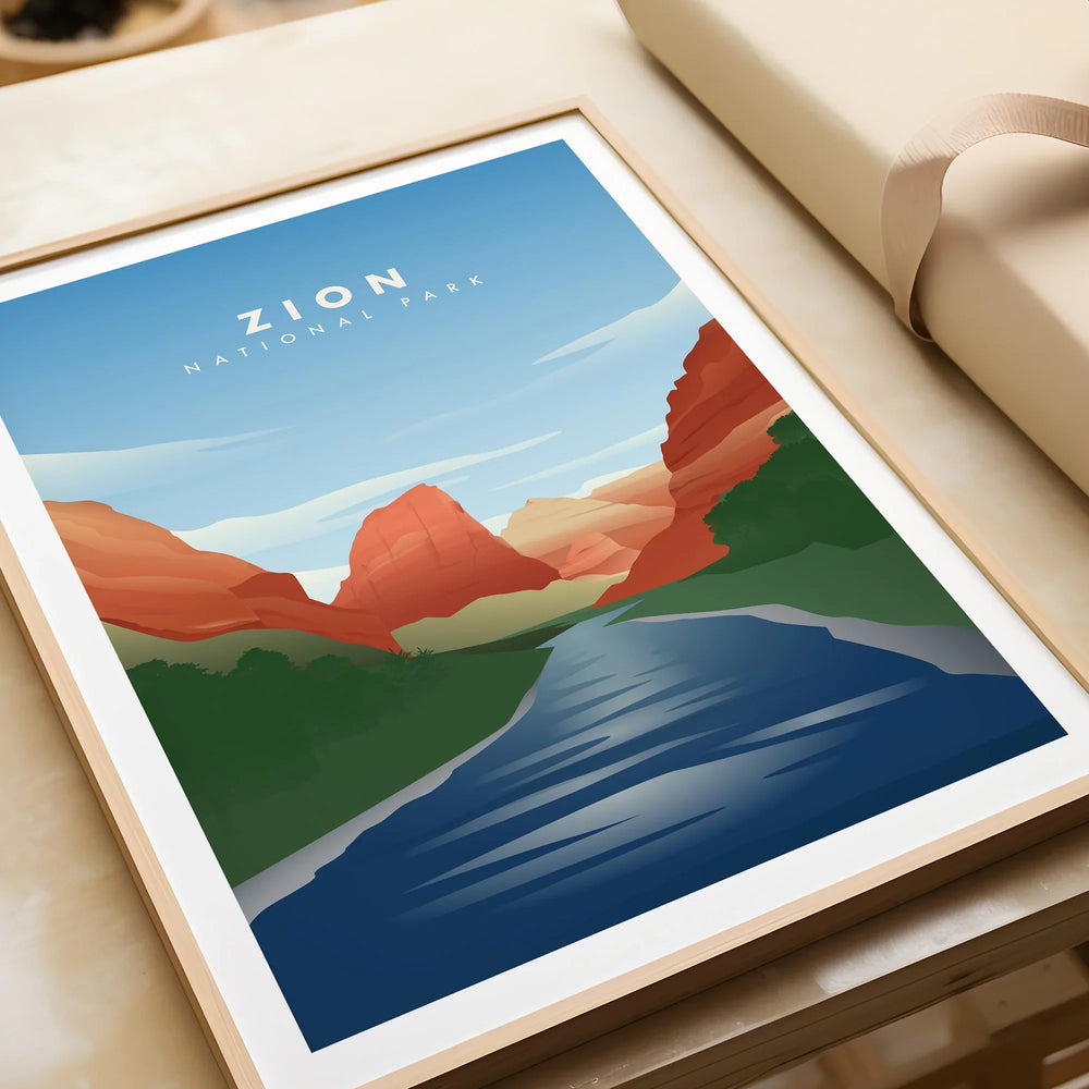 Framed Zion National Park art print with river, red rock cliffs, and blue sky
