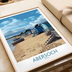 Abersoch Wales Beach Huts Art Print | Coastal Boats Wall Decor Poster featuring colorful beach huts and boats on sandy shore.