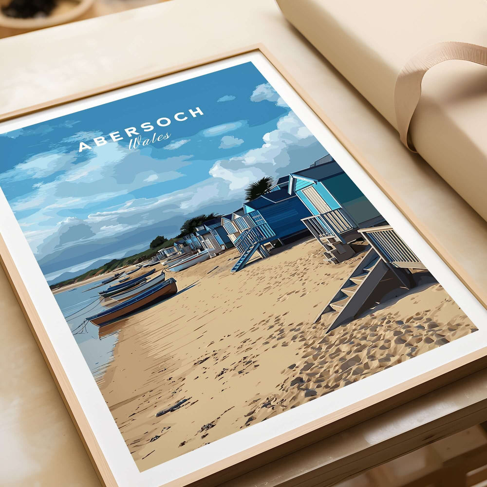 Abersoch Welsh Seaside Village Scene Print | Llyn Peninsula Home Art featuring beach huts and boats on a sandy shore.