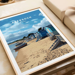 Abersoch Welsh Seaside Village Scene Print | Llyn Peninsula Home Art featuring beach huts and boats on a sandy shore.