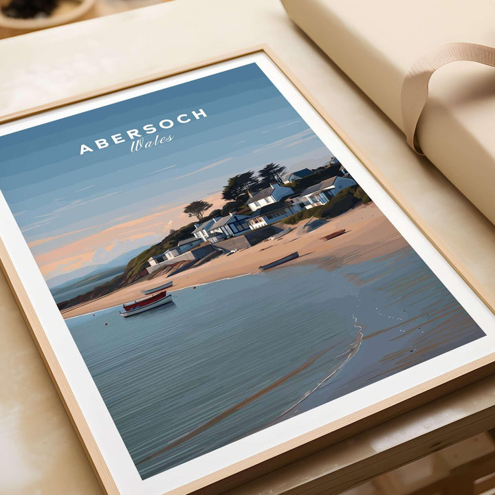 Abersoch Llyn Peninsula Shoreline View Canvas Print | Welsh Seaside Travel Poster displayed in a wooden frame.
