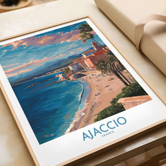 Ajaccio France Coastal Beach Art Print | Corsica Sunset City Poster featuring a scenic coastline and sunset views.